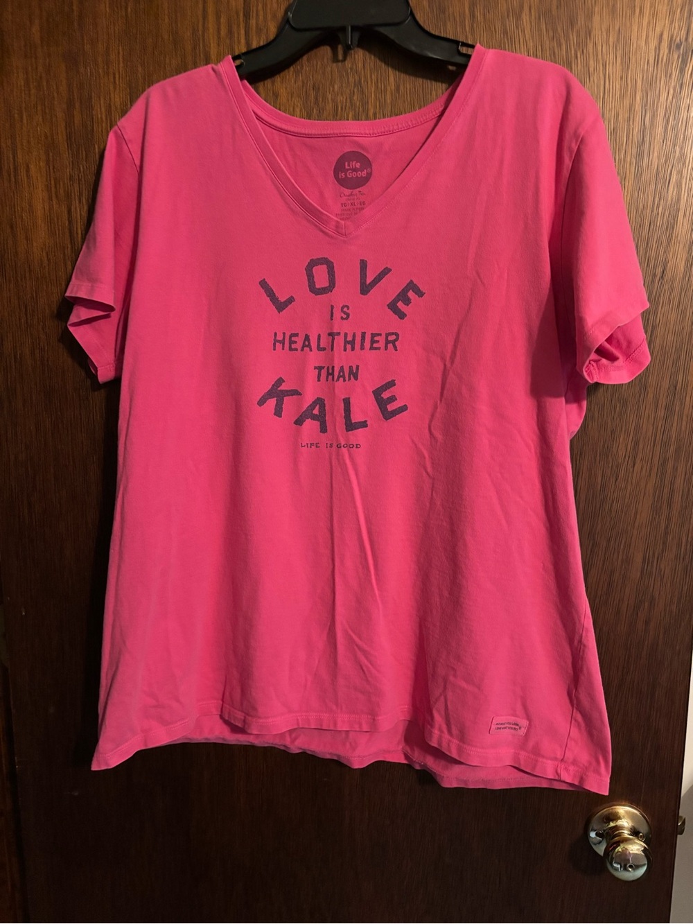 Life Is Good Hot Pink V-Neck Tee with 'Love Is Healthier Than Kale' Graphic